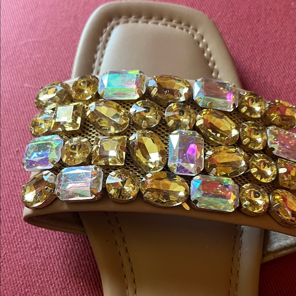 Steve Madden Jeweled Slide Sandals in Tan and Gold worn once - Picture 2 of 4